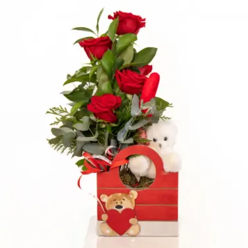 Compra Capseta de Fusta amb 5 Roses + Peluix a Barcelona | Flors Sant Valentí