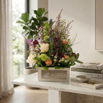 Caja Vegetativa | Arreglo Floral Silvestre con Delfinium y Rosas Garden | Flores Navarro Barcelona