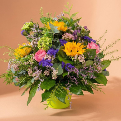 Centre Floral amb Gira-sols i Roses | Arranjament de Primavera | Flors Navarro Barcelona