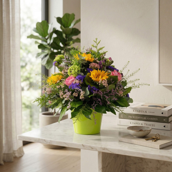 Centre Floral amb Gira-sols i Roses | Arranjament de Primavera | Flors Navarro Barcelona