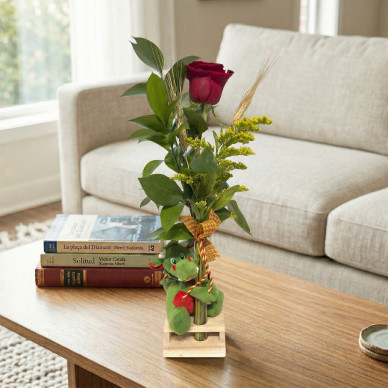 Rosa con peluche de dragón en base de madera | Regalo Sant Jordi original