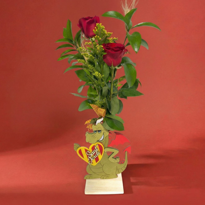 Figura de dragón con 2 rosas rojas | Regalo original Sant Jordi