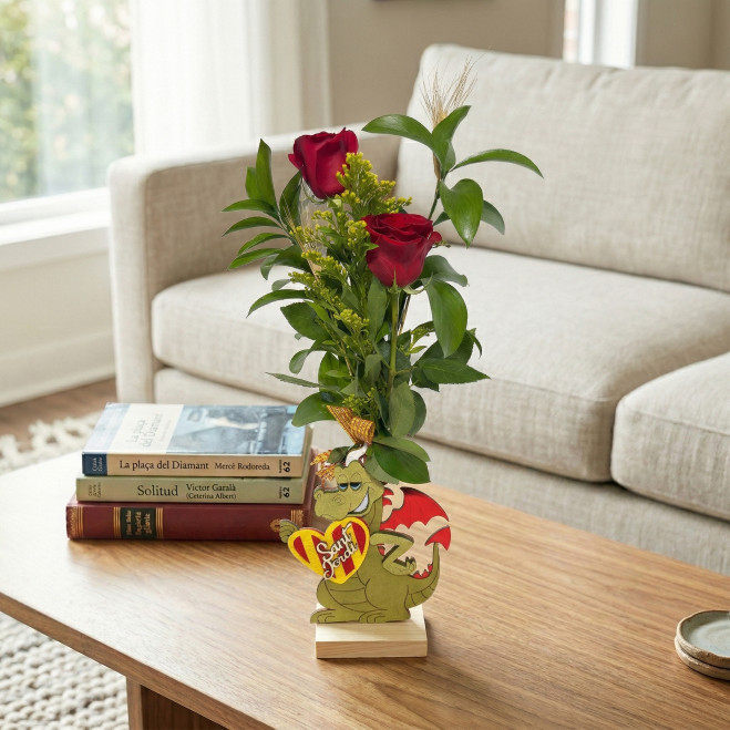 Figura de drac amb 2 roses vermelles | Regal original Sant Jordi