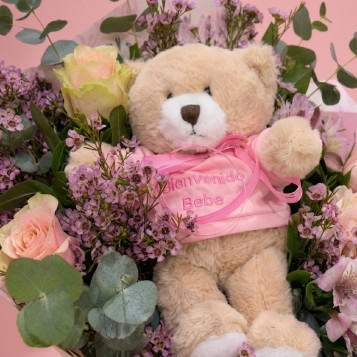 Ramo de flores para nacimiento con peluche | Regalo original para bebé