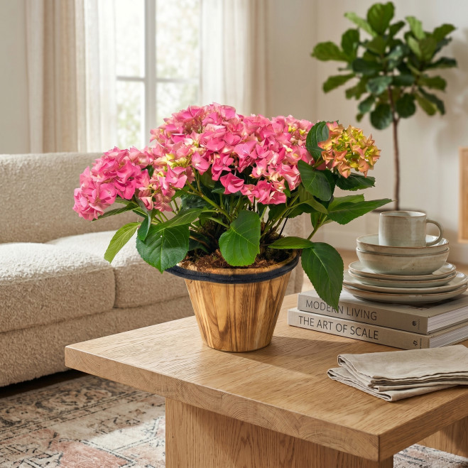 Hortensias Rosadas en Base de Madera | Decoración Natural