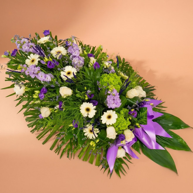 Comprar Ramo Funerario en Tonos Blancos y Lilas en Barcelona | Flores para Funeral