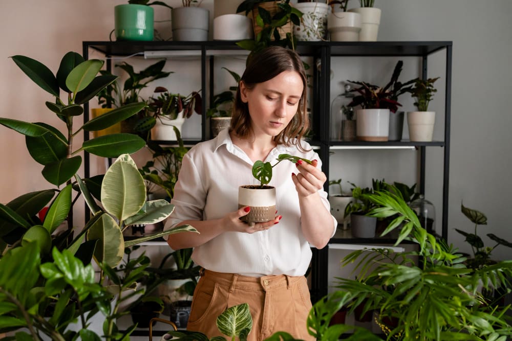 mujer sosteniendo una planta observandola