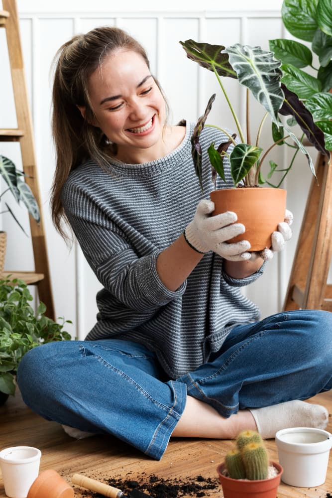 mujer sosteniendo una planta