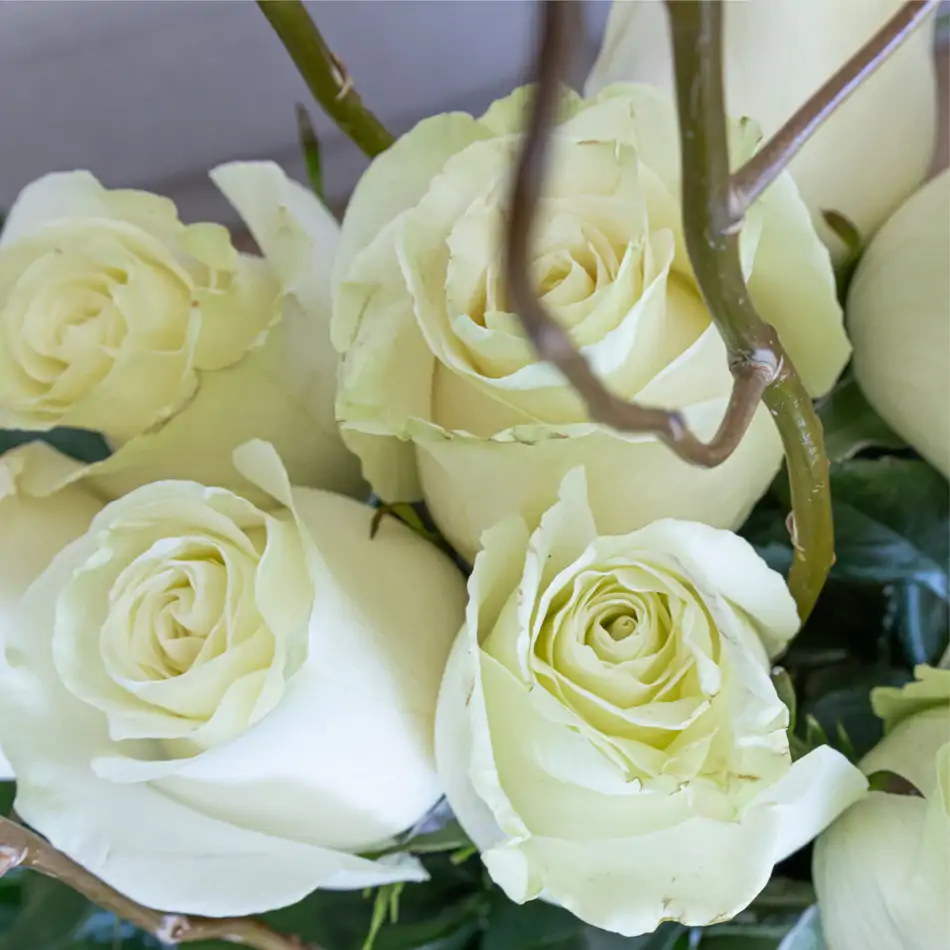 Centro a 2 niveles de rosas blancas, hortensia y sálix en base de cerámica