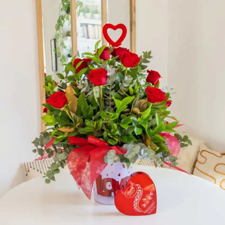 Cubo de Latón con 15 Rosas Rojas