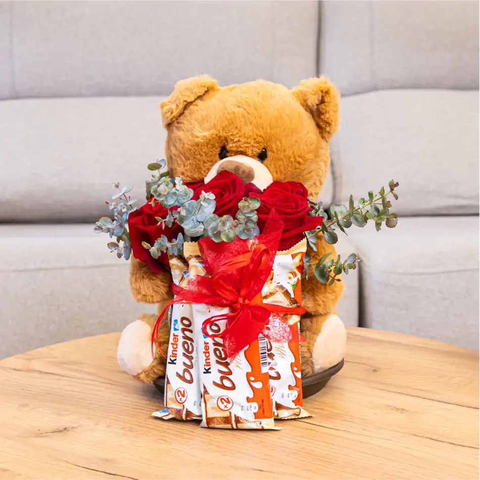 Peluche con Rosas Rojas y Chocolatina: El Regalo Perfecto para San Valentín.Sv10