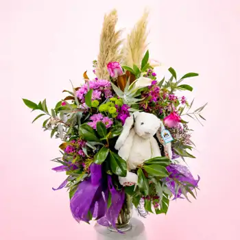 Comprar Jarrón de flor variada tonos lilas con pampas y peluche en Barcelona